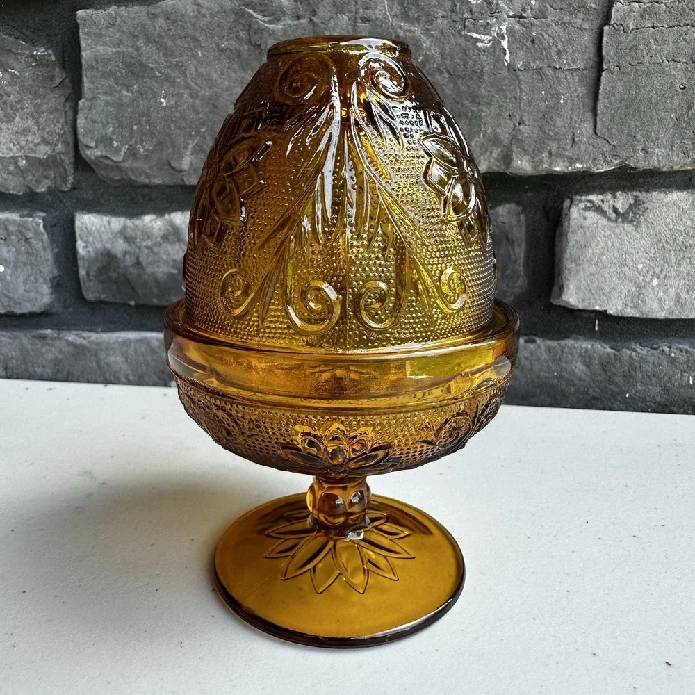 Vintage Indiana Glass Tiara Amber Sandwich Fairy Lamp Candle Holder Cottagecore